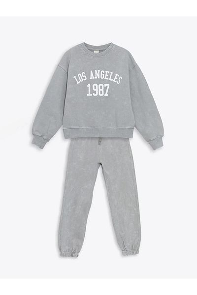 LC Waikiki Lcw Kids Mixed Crew Neck Los Angeles Printed Girls Tracksuit Set