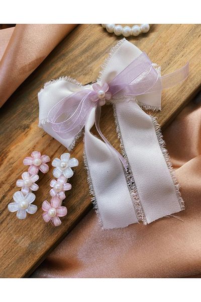 GOER STORE Lilac Flower Detailed 3-Piece Ecru Ribbon Hair Clip