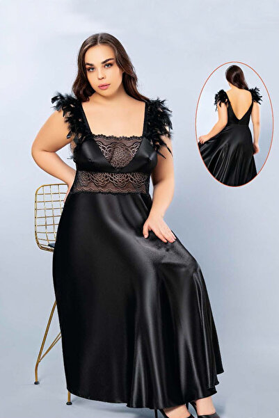 Viselya Μαύρο Σατέν Μακρύ Νυχτικό σε Μεγάλο Μέγεθος