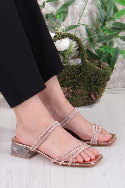 fort Ares 1696 Gold Stone Daily Wear Evening Dress Transparent Heel Women's Slippers