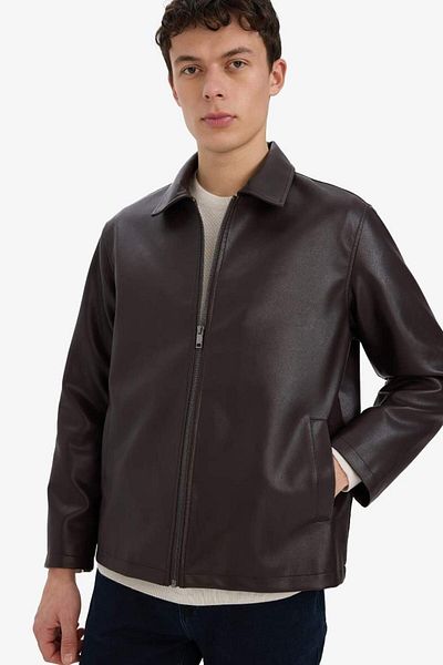 DeFacto New Season Regular Fit Shirt Collar Pocket Zippered Seasonal Inner Pocket Detailed Faux Leather