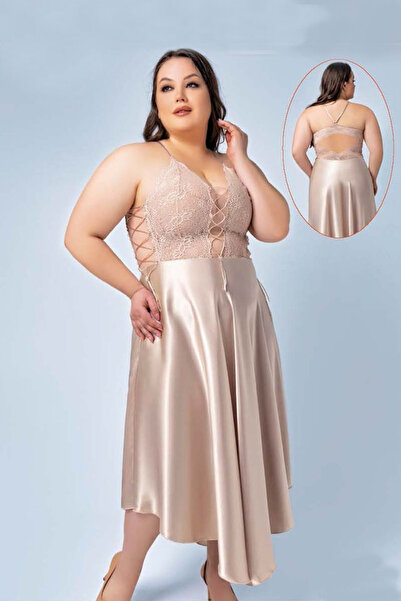 Viselya Cămașă de noapte lungă din satin, mărime mare, bej