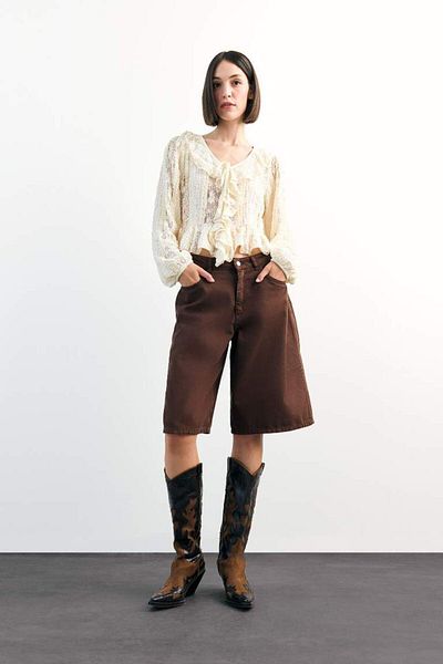 DeFacto New Season V-Neck Front Tie Flounce Lace Blouse