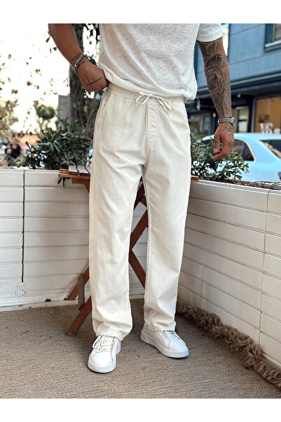 manch collection Beli İpli Baggy Kot Pantolon Krem
