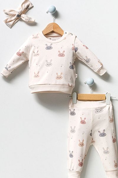 MixMax Bebe Baby Girl Long Sleeve Rabbit Patterned Bottom Top Bandana Set of 3 Sets 100% Cotton
