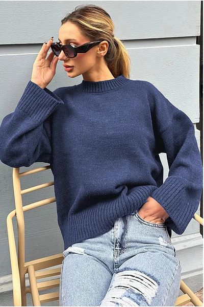 K-ODEA BUTİK Women's Dark Blue Oversize Knitwear Sweater - Soft Textured Crew Neck