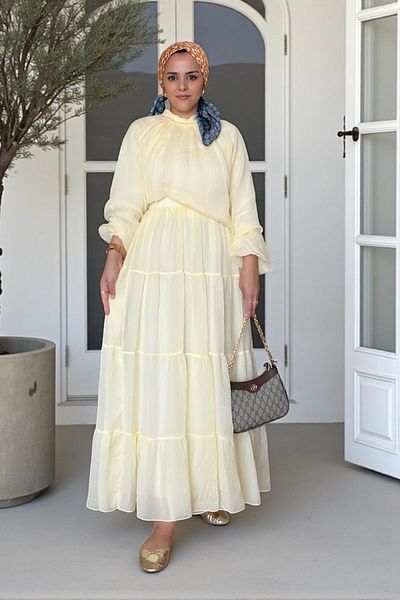 Aselim Hijap Moda Cotton Voile Lined Robe Skirt Suit Yellow