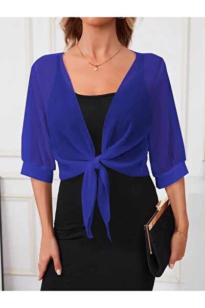 MyTerrax Women's Three Quarter Sleeve Front Tie Short Chiffon Bolero Jacket