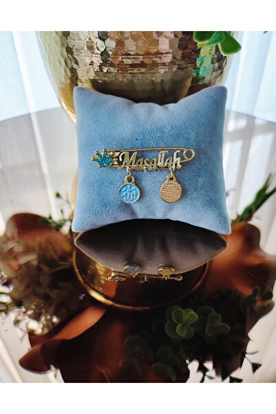 Sahi Aksesuar دبوس ياقة على شكل حجر أزرق مكتوب عليه ما شاء الله - TYBEZYI1743