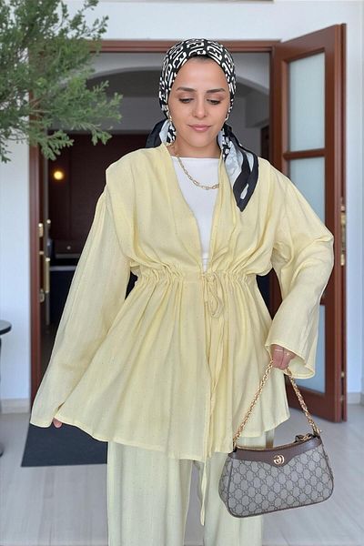 Aselim Hijap Moda Cotton Linen Stone Detailed Double Suit |   Yellow