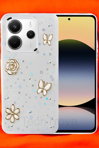 TechTrove حافظة هاتف Xiaomi Redmi Note 14 4G غطاء سيليكون شفاف لامع مع تصميم ملصق لامع
