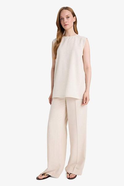 DeFacto New Season Regular Fit Crew Neck Basic Plain Linen Blended Sleeveless Tunic