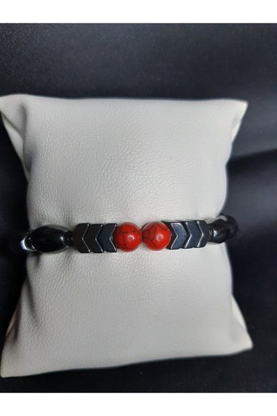 MRYart Red Agate Stone and Metallic Smoked Onyx Stone Unisex Bracelet