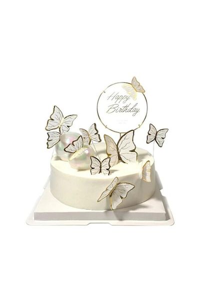 OEM Cake decorations, gold metal, Happy Birthday and butterflies, white and gold, 11 pieces