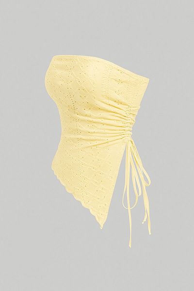 Marin Star Yellow Embroidery Patterned Asymmetrical Lycra Side Gathered Strapless, Summer Asymmetrical Side Gathered Yellow Blouse