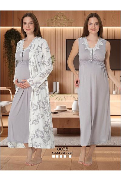 EM&FA TEKSTİL Pregnant Maternity Nightgown Set with Robe