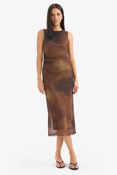DeFacto New Season Bodycon Bodycon Crew Neck Patterned Tulle Sleeveless Midi Dress