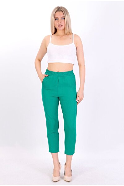 SheLoria بنطلون نسائي ذو جيوب مزدوجة باللون الأخضر العشبي وخصر مطاطي وواسع الساق