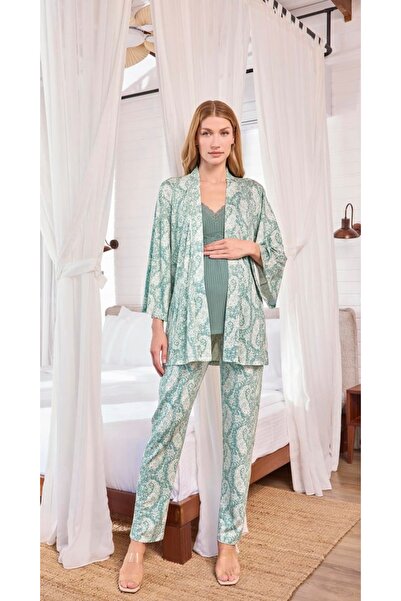 NightLove Monamise Etnik Desenli Hamile 3'lü Pijama Takımı 25110
