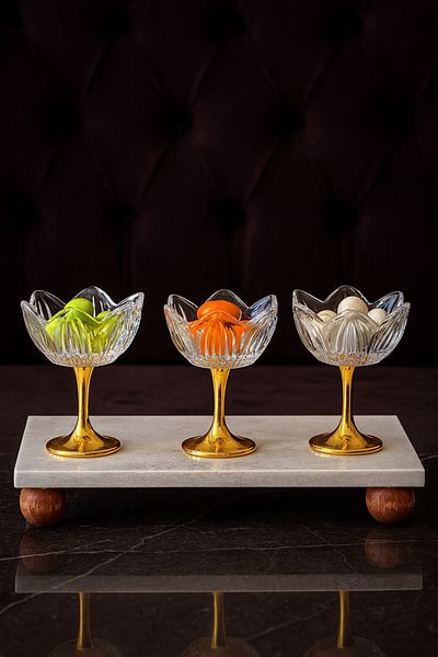 Gülümseten Avm Glass Lotus Flower Presentation Stand with Gold Legs – Set of 3 Sugar Bowl, Turkish Delight Bowl, Coffee Side Treat