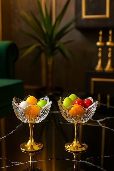 Gülümseten Avm Glass Lotus Flower Presentation Stand with Gold Legs – Set of 2 Sugar Bowl, Turkish Delight Bowl, Coffee Side Treat