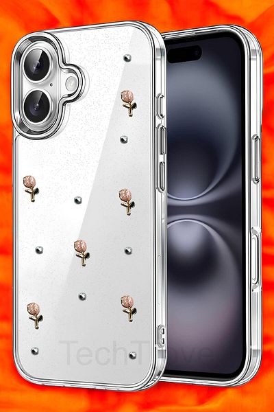 TechTrove حافظة Apple iPhone 16 Plus غطاء سيليكون شفاف لامع مع تصميم ملصق لامع