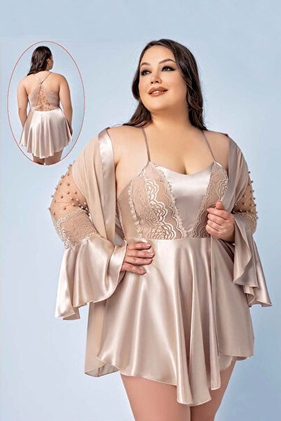 Viselya Set de dantelă cămăși de noapte și halate de casă, mărime mare, bej