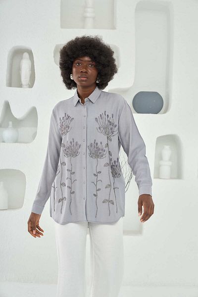 MİA NOURA Women's Front Bead Embroidered Oversize Shirt