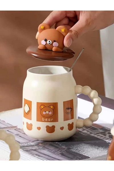 Generic Cute bear design ceramic mug, suitable for hot drinks, with lid and spoon
