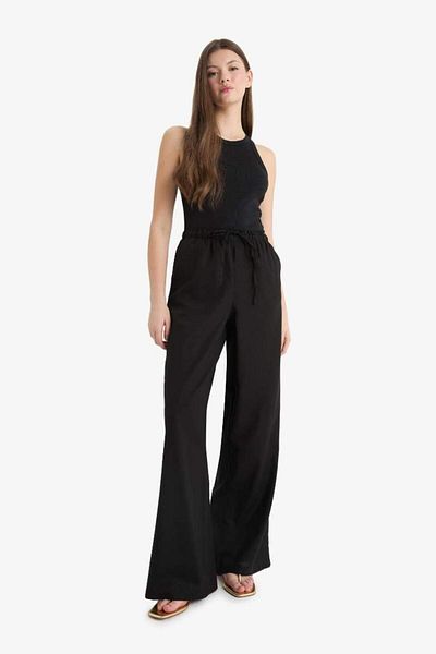 DeFacto New Season Wide Leg Double Pocket Elastic Waist Standard Size Linen Blended Black