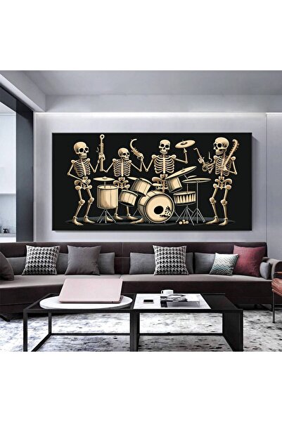idora Slikanje na platnu Orkestra skeleta; Nadrealni print sa bubnjima i inst...