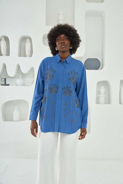 MİA NOURA Women's Front Bead Embroidered Oversize Shirt