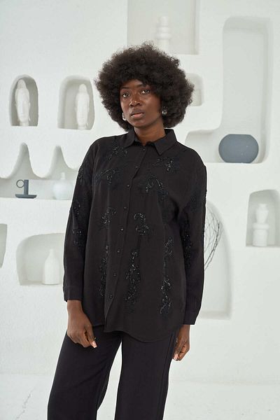 MİA NOURA Women's Front Bead Embroidered Oversize Shirt