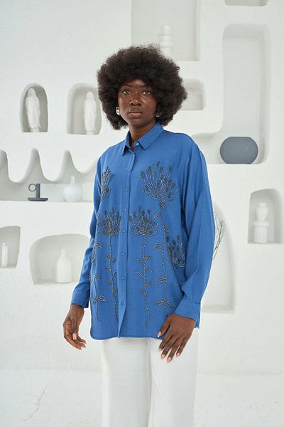 MİA NOURA Women's Front Bead Embroidered Oversize Shirt
