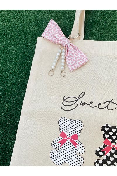 GOER STORE Pink Teddy Bear Detailed Charmed Cotton Cloth Bag