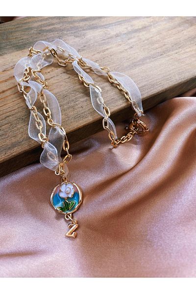GOER STORE Vintage Blue Detailed'Flower Spiral' Letter Necklace-Accessory
