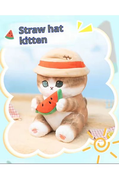 NB market Mofusand Cat Eating Watermelon with Hat Plush Toy Watermelon Cat Summer Series 40cm Large Size Cat