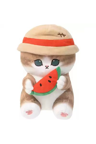 NB market Mofusand Cat Eating Watermelon with Hat Plush Toy Watermelon Cat Summer Series 40cm Large Size Cat
