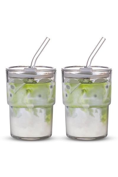 Generic Set of 3 glass cups, airtight lids, and 3 straws with leather handles in different colors