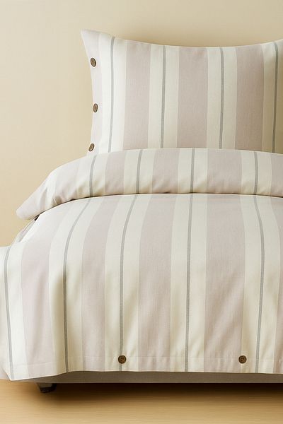 PureText |   Pure Sense |   100% Cotton Washed Yarn Dyed Double Striped Duvet Cover Set |   Powder