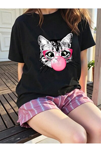 SVART WEAR تي شيرت بناتي مطبوع عليه قطة مصنوع من القطن بنسبة 100%