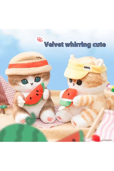 NB market Mofusand Cat Eating Watermelon with Hat Plush Toy Watermelon Cat Summer Series 40cm Large Size Cat