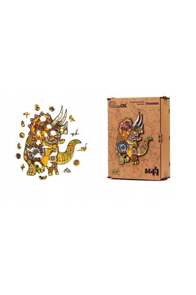 ECO Puzzle din lemn, model Triceratops, 74 de piese, vârstă 6+, 21 cm x 15 cm...