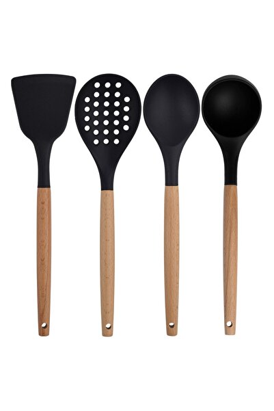 Atlas Mutfak طقم تقديم سيليكون من الخيزران الأسود - مصفاة ملعقة مغرفة، معكرون...