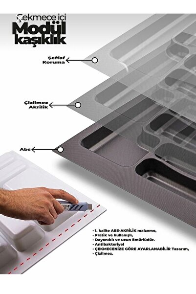 Saatistan Çekmece içi gri kaşıklık, 67/49 cm ölçüde, 60/40 cm'e kadar kesilebilir.