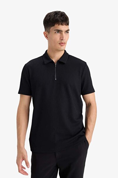 DeFacto Regular Fit Polokragen Halbreißverschluss Kurzarm Falten Schwarz T-Shirt B7355AX24SP