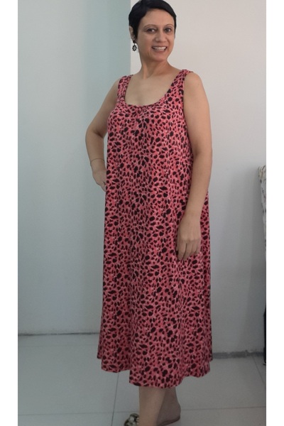 Mertcan Butik Coral Black Leopard Print Front and Back Gathered Strap Combed Viscose Dress