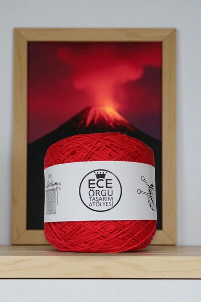 Ece Örgü Tasarım Atölyesi Kırmızı renkli, bükümlü bambu-koton el örgü ipi (500 gr.)
