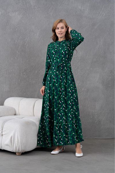 MAMAYAGA Women's Suitable for Hijab Patterned Long Sleeve Waist Lace-Up Maxi Size Comfortable Plus Size Stylish Cotton Dress