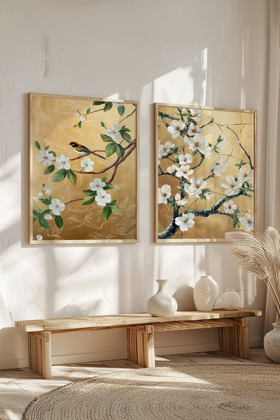 STARYUNA Set de pictură dublă cu efect de pictură în ulei cu flori albe și mo...